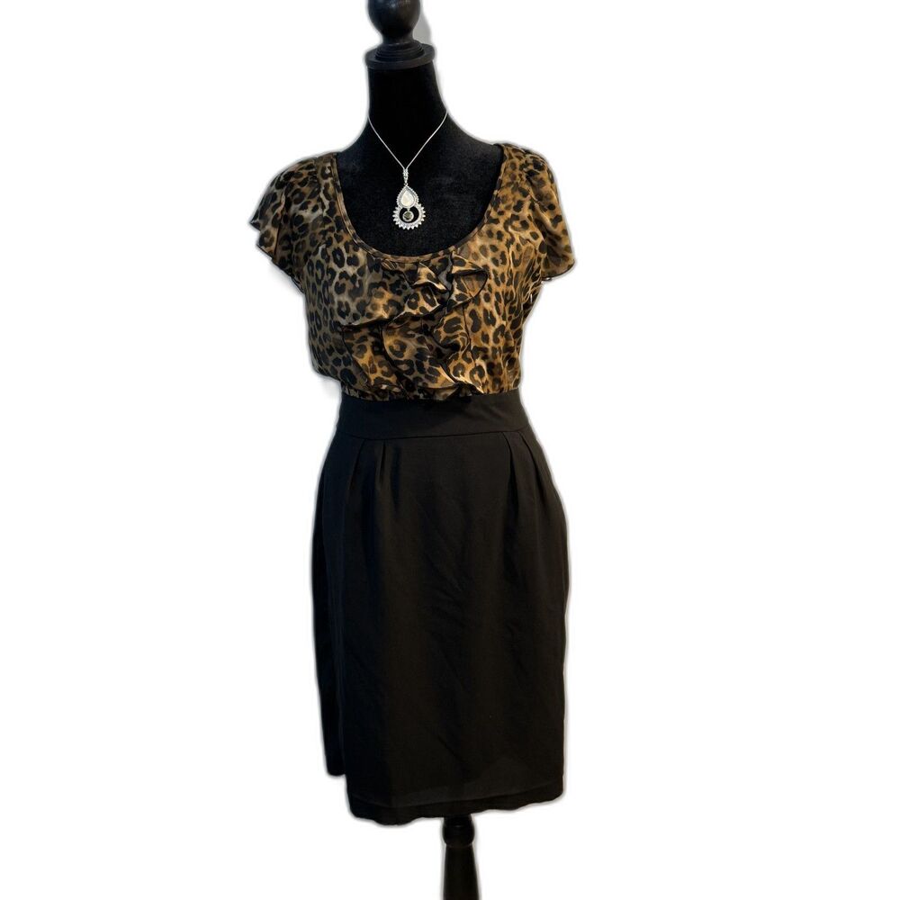 Express Leopard Print Twofer Dress — Ruffle Blouse Top, Black Pencil Skirt